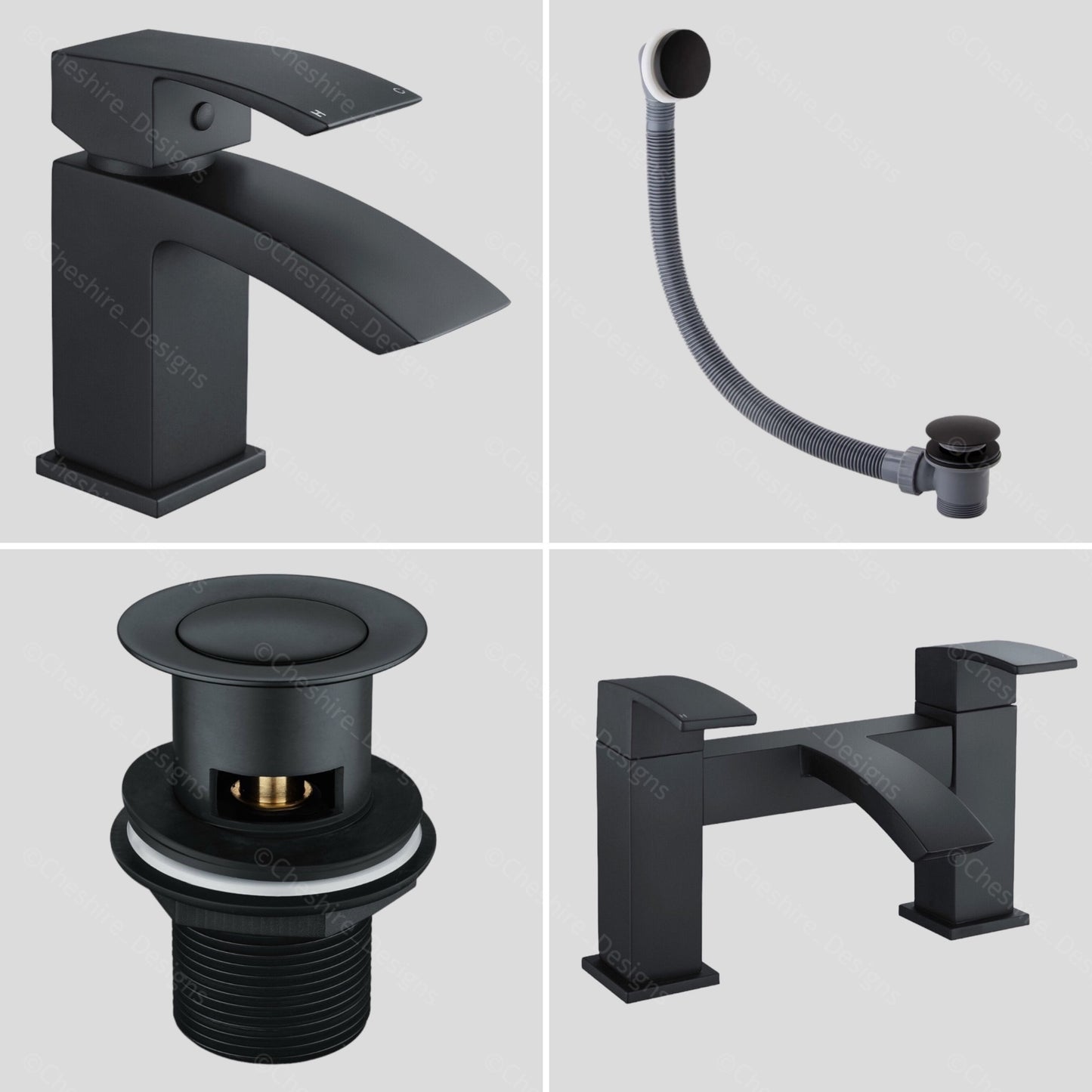 Bath + Basin Black Taps Waterfall Mono Mixer Square Modern inc Plug & Waste