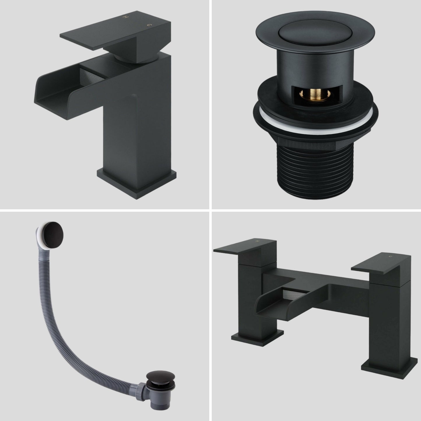 Bath Basin Black Tap Filler Waterfall Mono Mixer Square Modern inc Plug & Waste