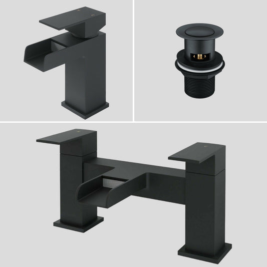 Bath Basin Black Tap Waterfall Mono Mixer Square Modern Faucet + Plug