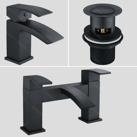 Black Bath Basin Tap Waterfall Mono Mixer Square Modern Faucet + Plug