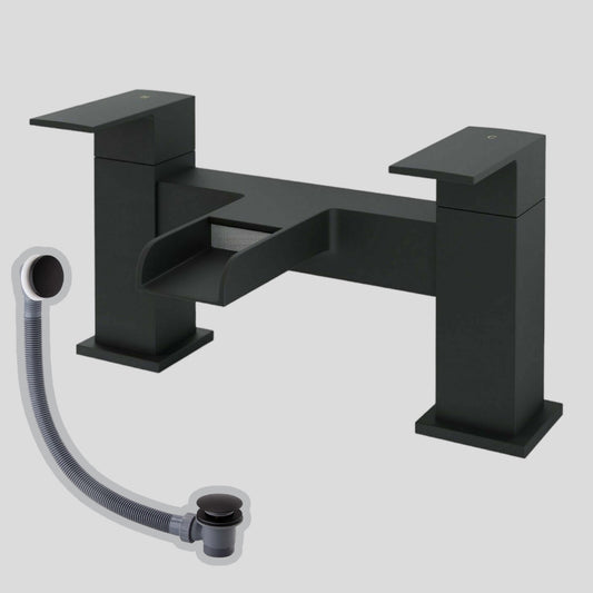 Bath Black Tap Waterfall Mono Mixer Square Modern Faucet Bathroom + Plug & Waste