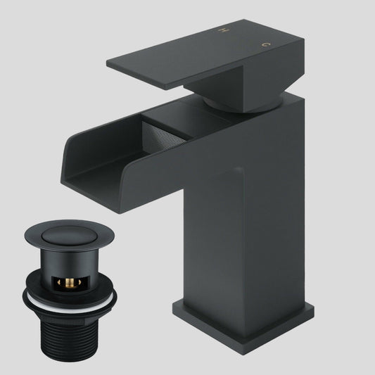 Bathroom Basin Black Tap Waterfall Mono Mixer Square Modern Sink Faucet + Waste