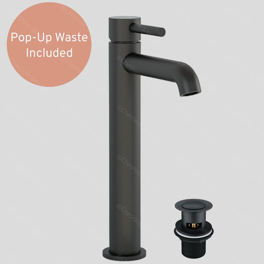 Tall Black Bathroom Basin Sink Tap Mono Mixer Round Modern Faucet + Waste