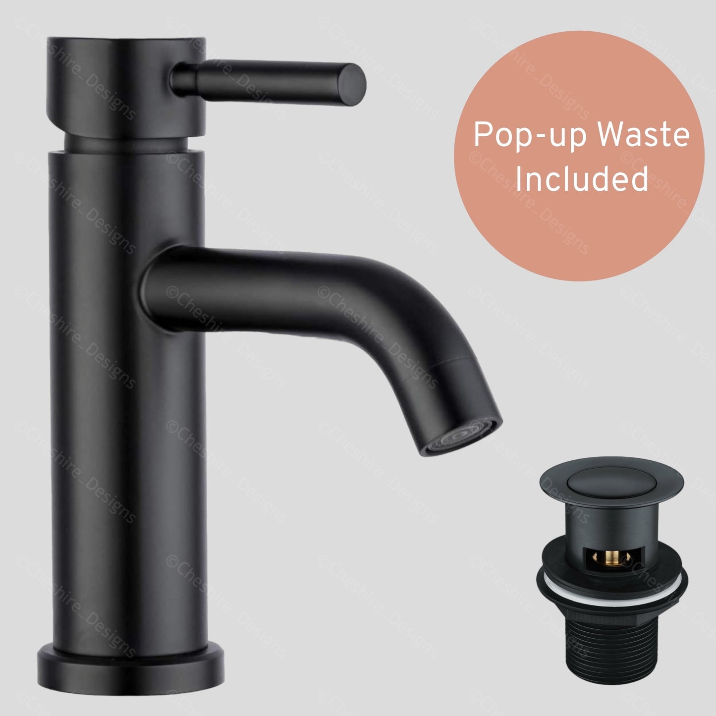 Black Basin Mixer Tap Round Modern Bathroom Sink Faucet + Pop Up Waste