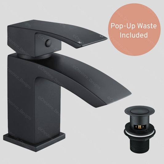 Black Basin Mixer Tap Waterfall Mono Square Modern Bathroom Sink Faucet + Waste