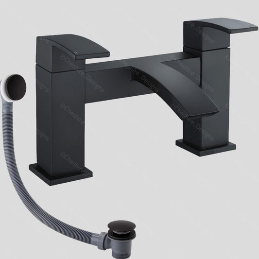 Black Bath Tap Waterfall Mono Mixer Bathroom Square Modern inc Plug & Waste